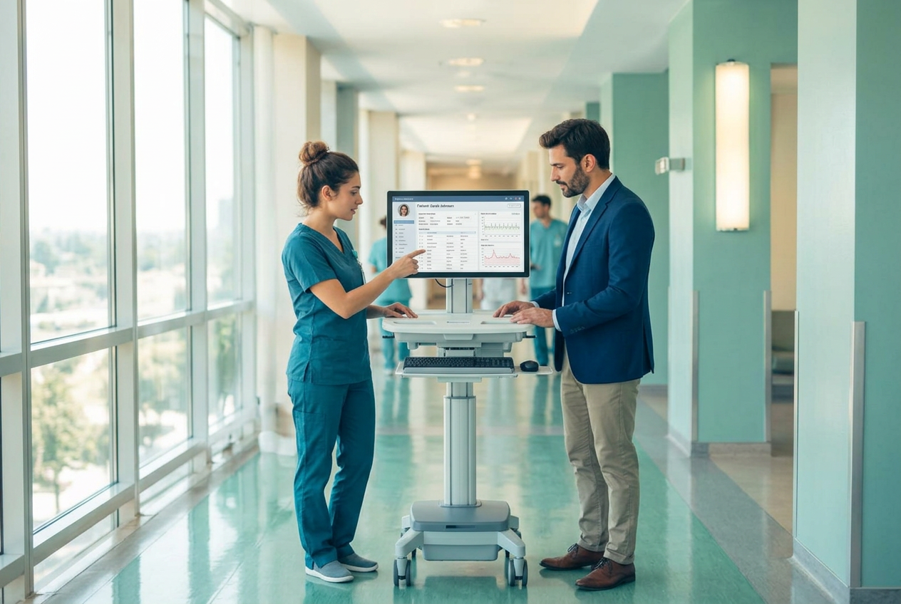 A healthcare IT consultant and a nurse reviewing a computer workstation together in a hospital